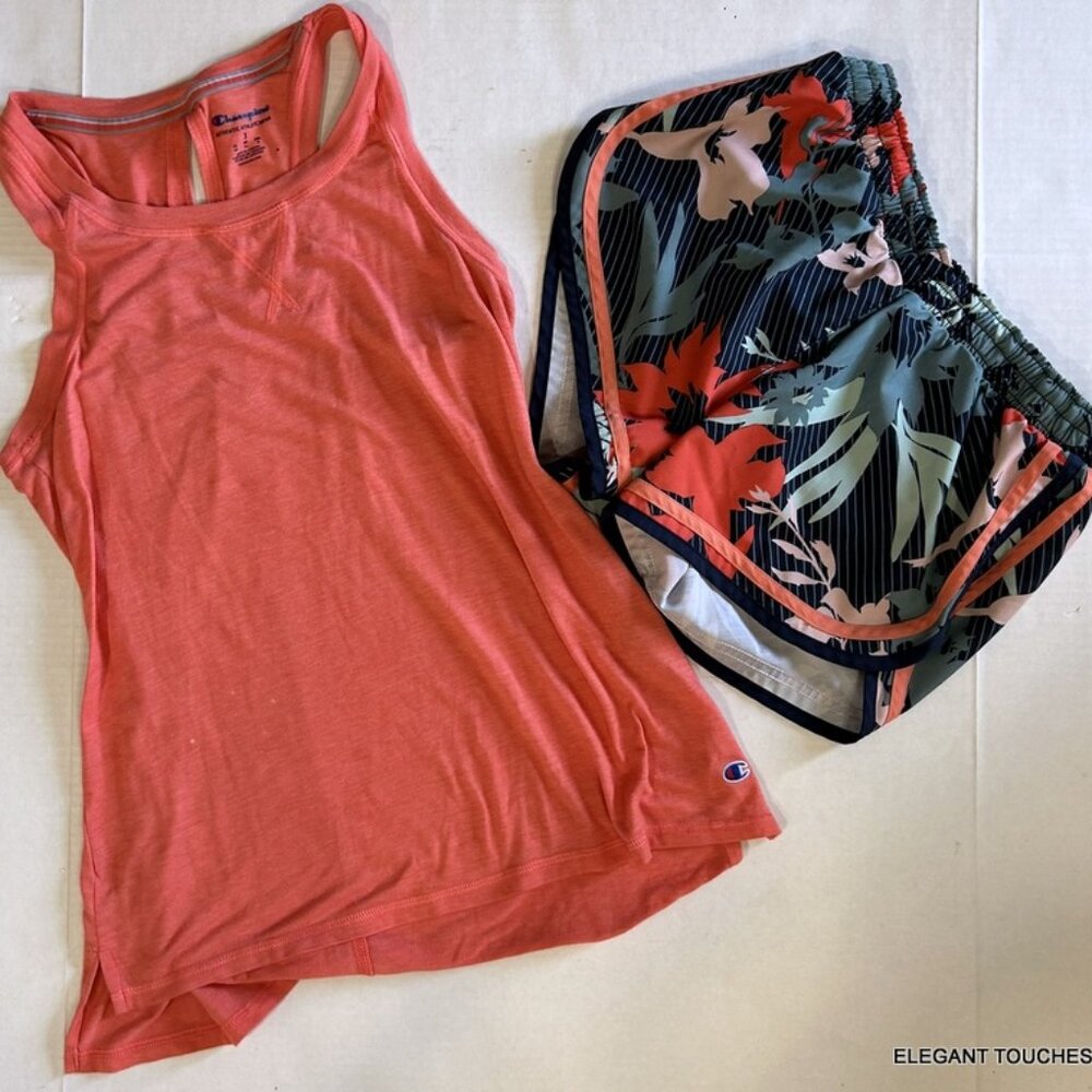 Champion Womens S Lined Athletic Shorts Blue Floral and Peach Tank Top 2 pc SET